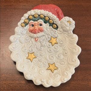 Fitz and Floyd Santa Claus Canapé Plate with Gold Star Accents.